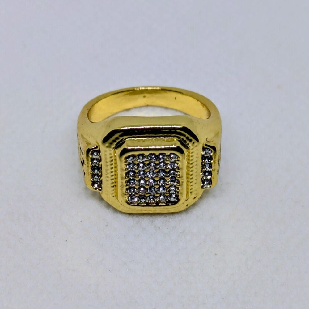 Brand New Men's Gold Plated Iced Out CZ Size 7 Square Signet Statement Ring